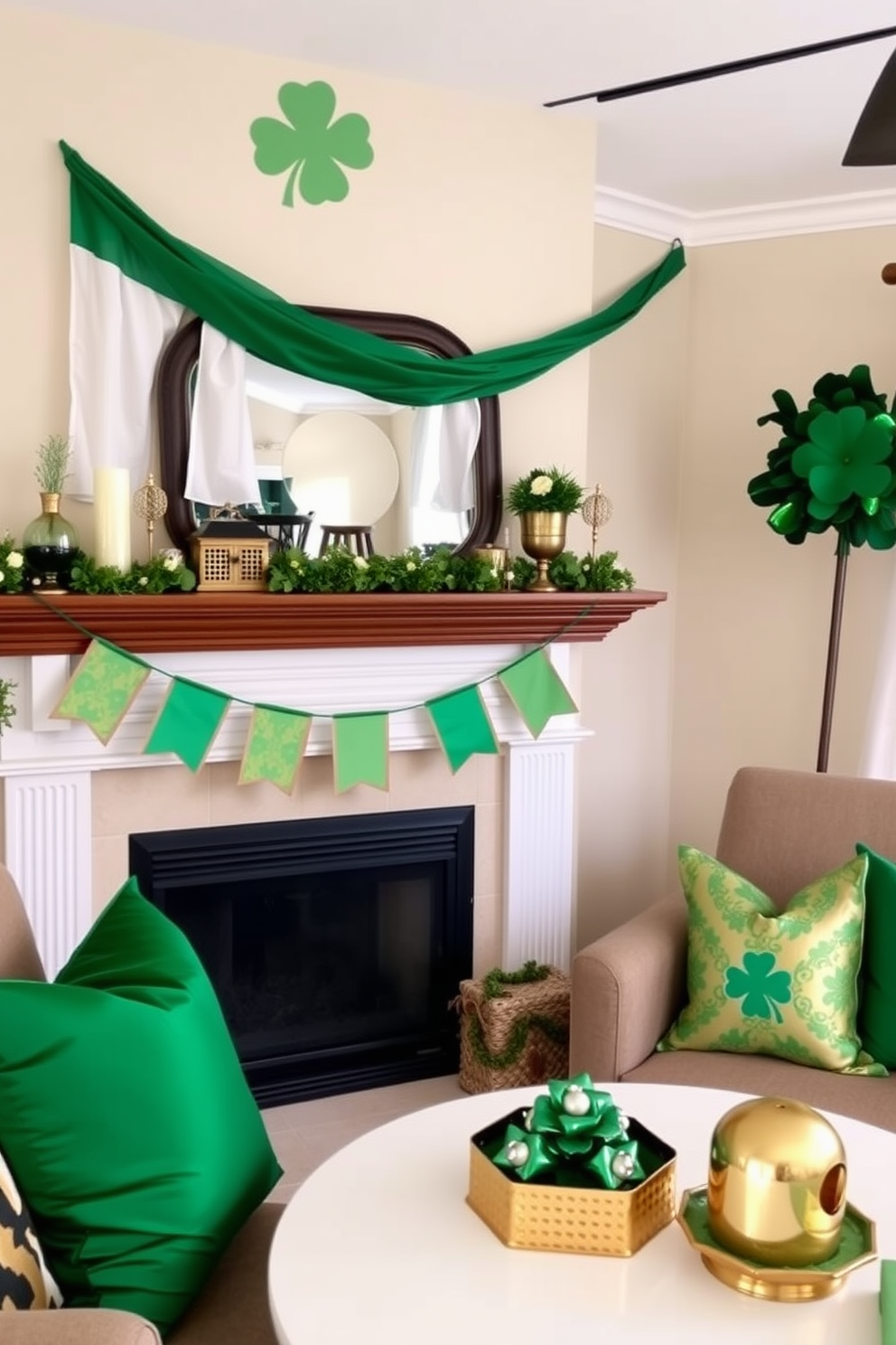 A cozy living room adorned for St. Patrick's Day features Irish flag bunting draped elegantly across the mantel. The space is filled with green and gold accents, including decorative pillows and a festive table centerpiece.