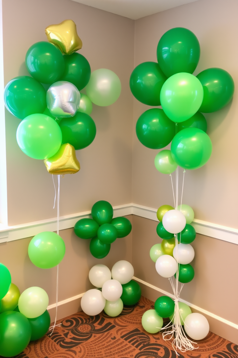 A festive St. Patrick's Day celebration featuring clusters of vibrant green balloons in the corners of the room. The balloons vary in size and are complemented by gold and white accents to enhance the holiday spirit.