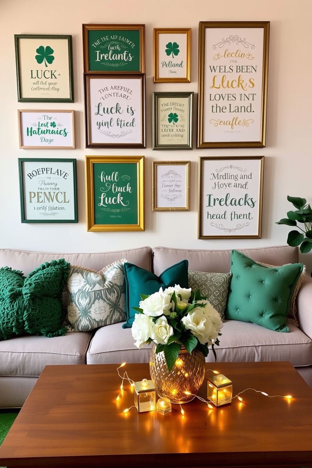 Framed quotes about luck and Ireland are elegantly displayed on a gallery wall, featuring a mix of vintage and modern frames in green and gold hues. Each quote is artistically presented with decorative elements like shamrocks and Celtic patterns, creating a warm and inviting atmosphere. For St. Patrick's Day decorating ideas, a cozy living room is adorned with festive green and gold accents, including plush throw pillows and a vibrant green rug. A centerpiece of fresh flowers in a decorative vase sits on the coffee table, surrounded by twinkling fairy lights to enhance the celebratory mood.