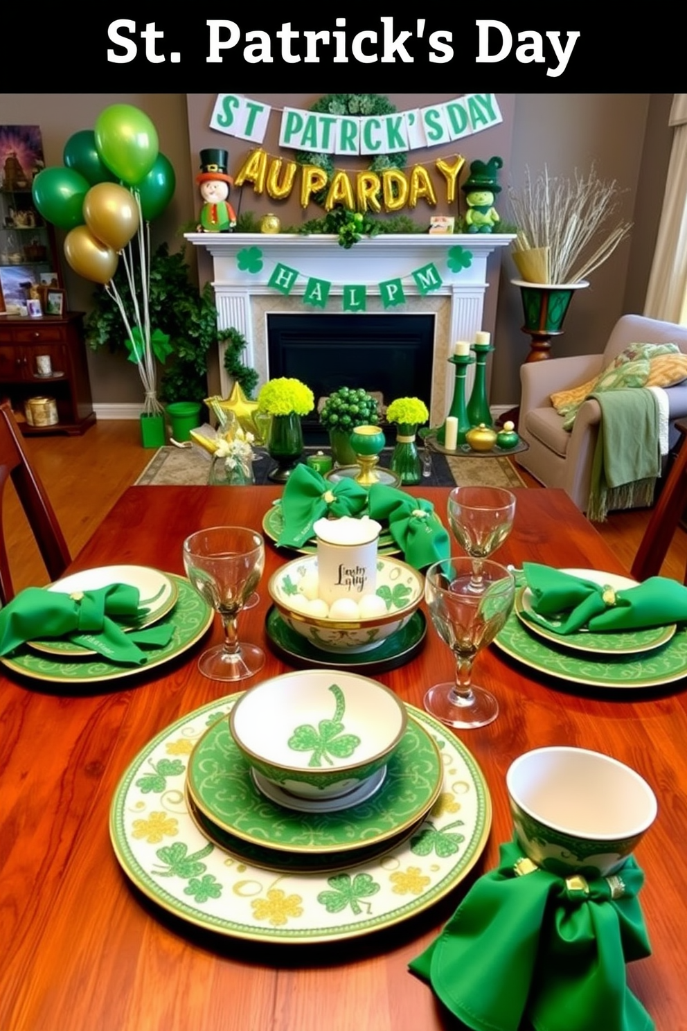 St. Patrick's Day themed dishware is elegantly arranged on a wooden dining table. The dishware features intricate green and gold patterns, including shamrocks and leprechauns, complemented by matching glassware and festive napkins. For St. Patrick's Day decorating ideas, a cozy living room is adorned with green and gold accents. Balloons, garlands, and themed centerpieces create a festive atmosphere, while a cheerful banner hangs above the fireplace.