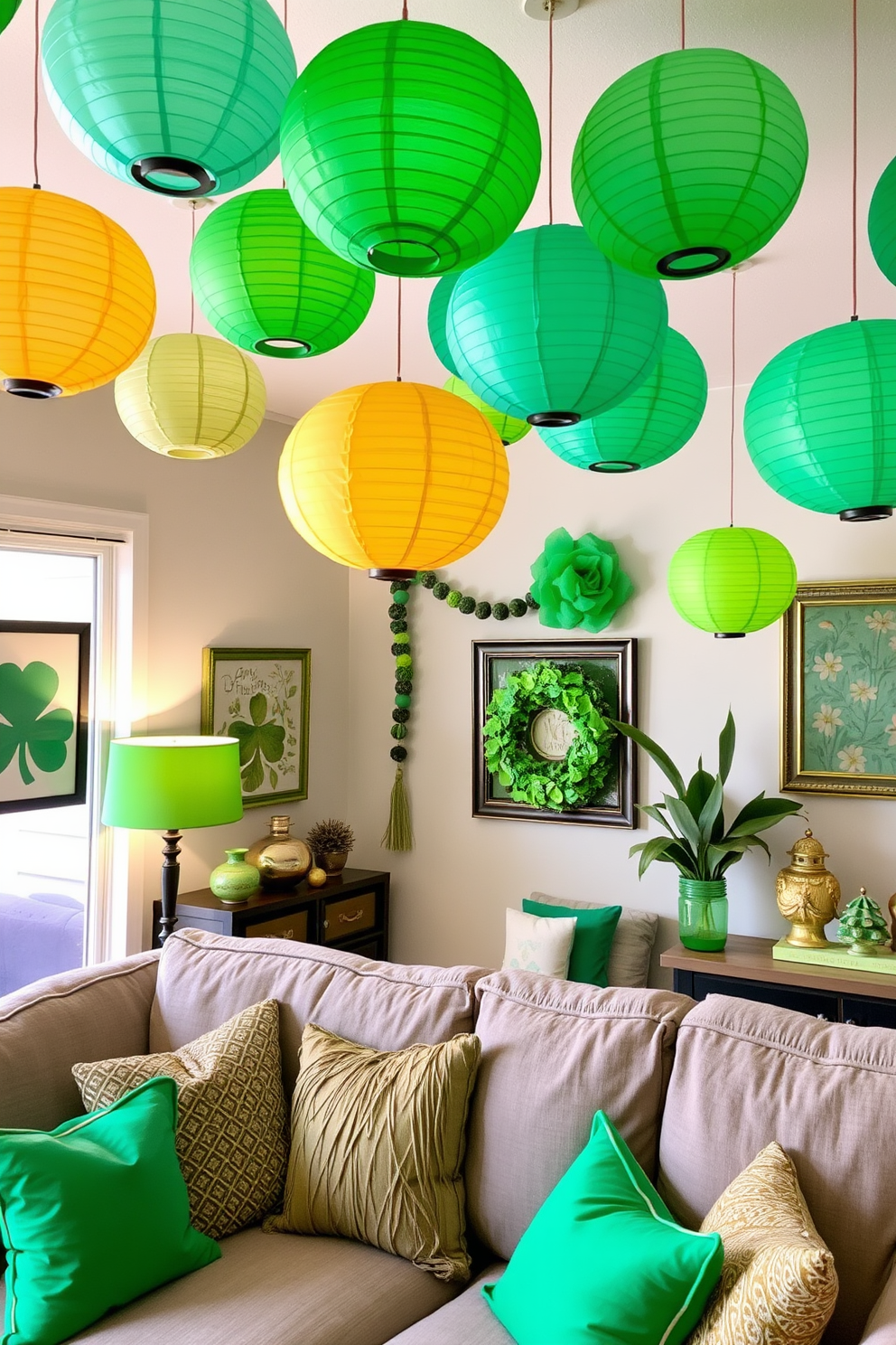 A vibrant living room adorned with hanging paper lanterns in festive colors. The lanterns are suspended from the ceiling, creating a whimsical atmosphere perfect for St. Patrick's Day celebrations. Bright green and gold accents are incorporated throughout the space, including throw pillows and wall art. A cozy seating area features a plush sofa surrounded by cheerful decorations that evoke the spirit of the holiday.