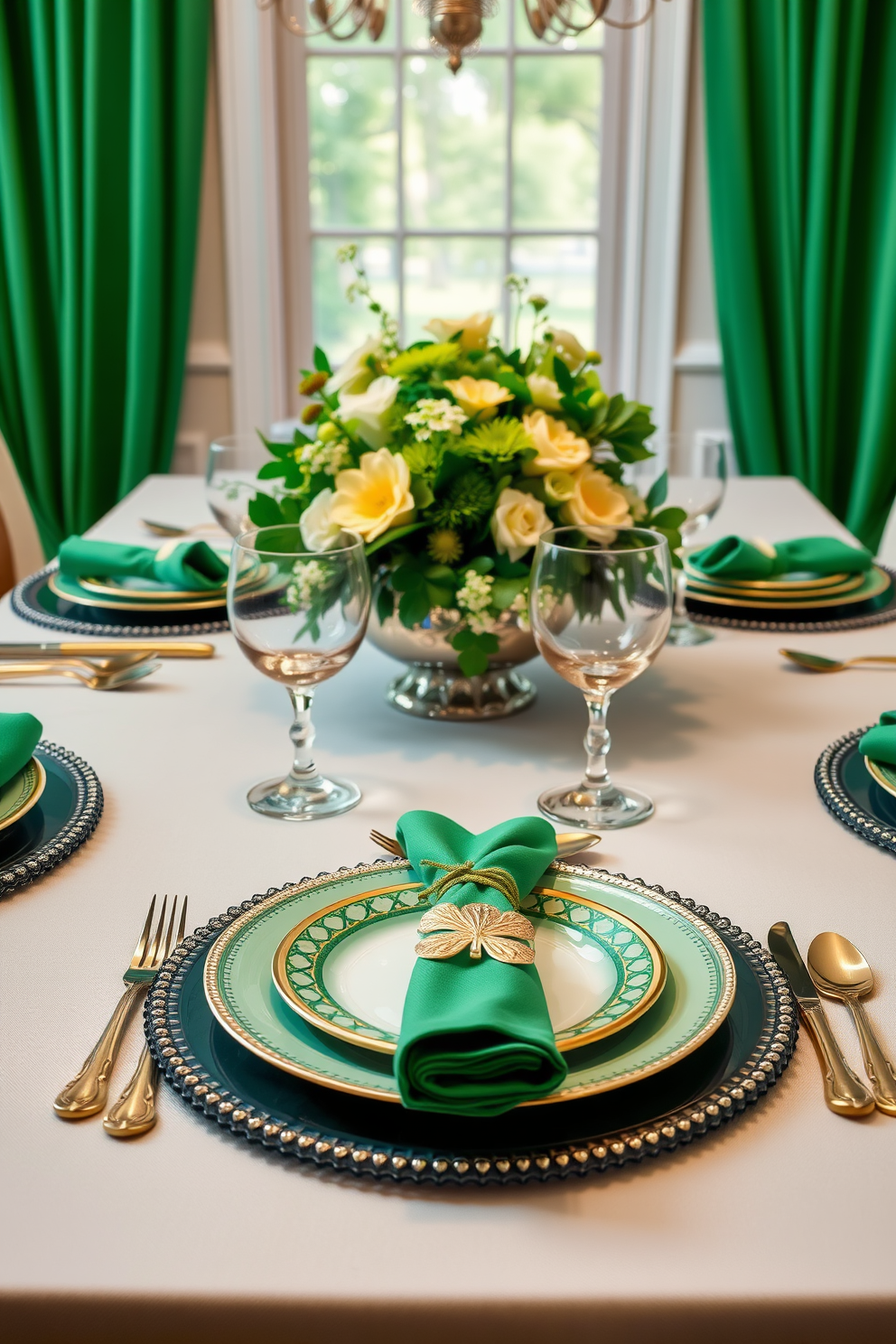 A beautifully arranged table setting features elegant green napkins and matching plates. The centerpiece includes a vibrant arrangement of fresh flowers and decorative elements that evoke the spirit of St. Patrick's Day. Each place setting is thoughtfully designed, showcasing intricate details that enhance the festive atmosphere. Gold accents and subtle hints of shamrocks add a touch of charm and celebration to the overall decor.