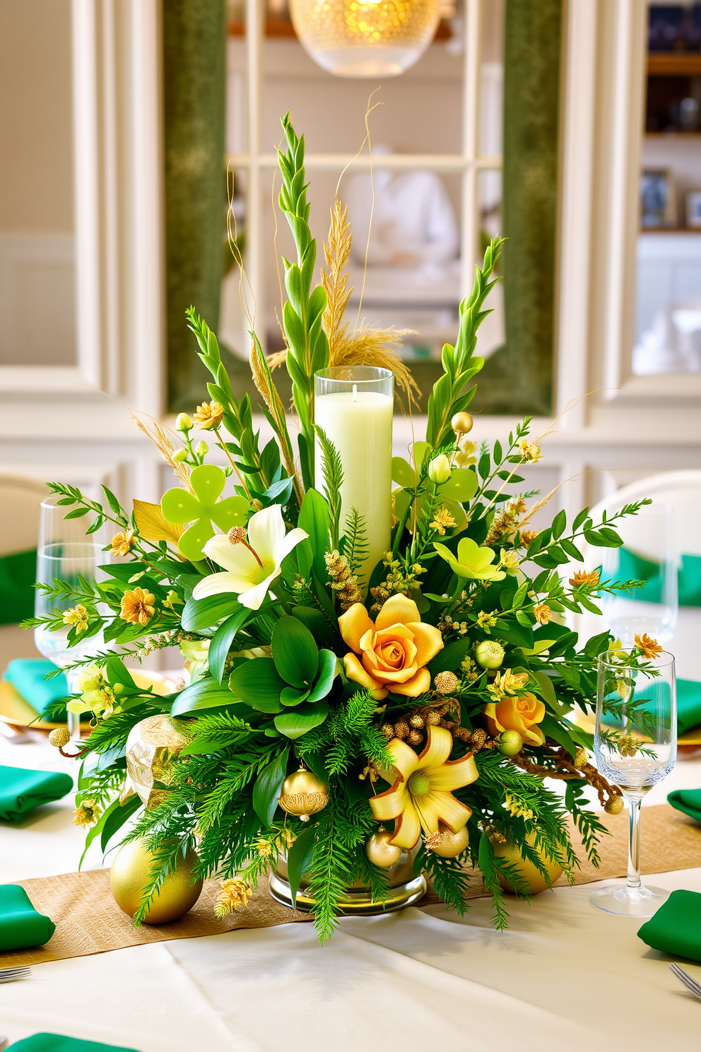 A stunning table centerpiece featuring a mix of gold and green elements. The arrangement includes lush green foliage, golden accents, and festive St. Patrick's Day decorations to create an inviting atmosphere.