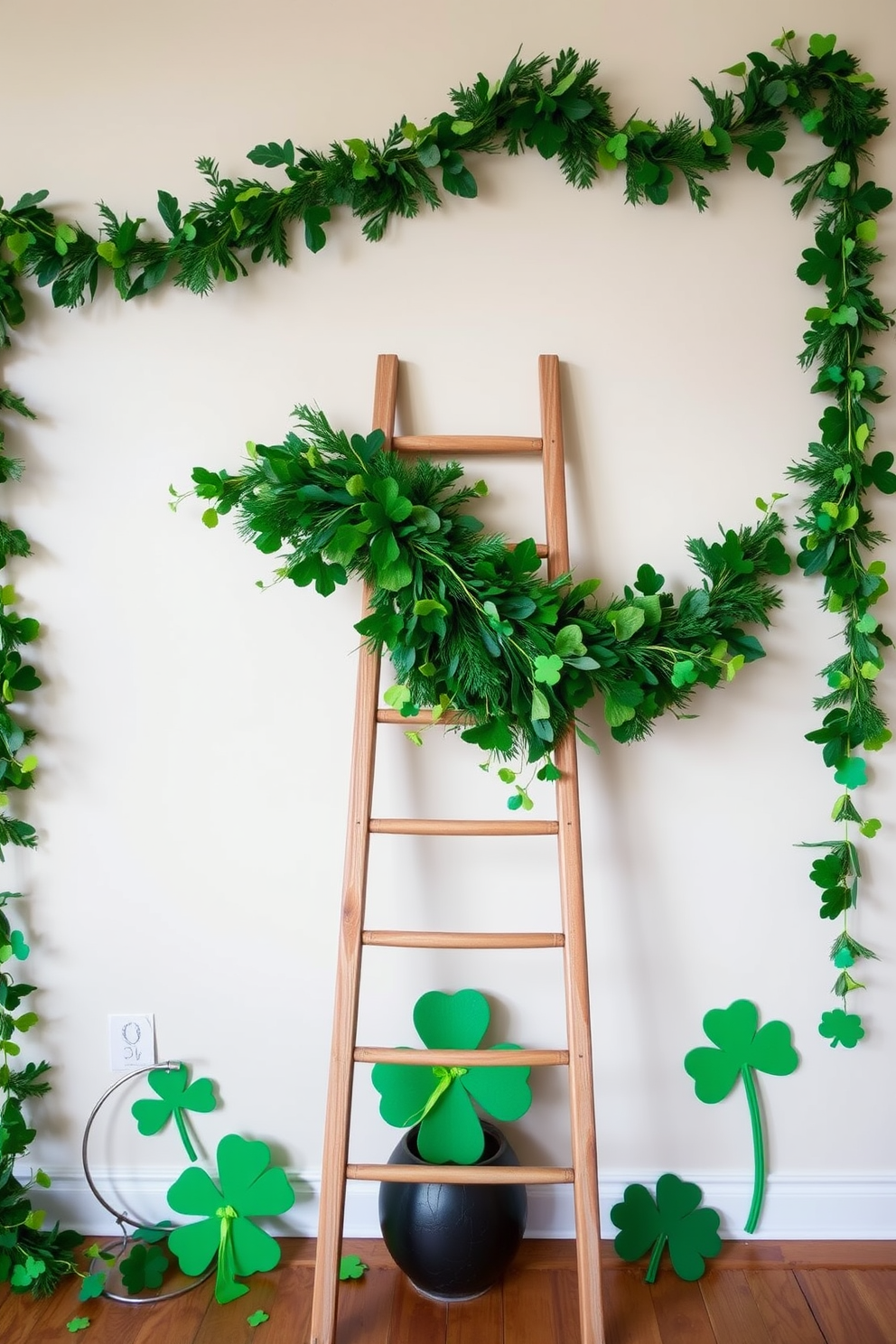 A decorative ladder is positioned against a light-colored wall, elegantly draped with lush greenery and vibrant accents. Surrounding the ladder are various St. Patrick's Day decorations, including cheerful shamrocks and festive garlands that bring a touch of whimsy to the space.