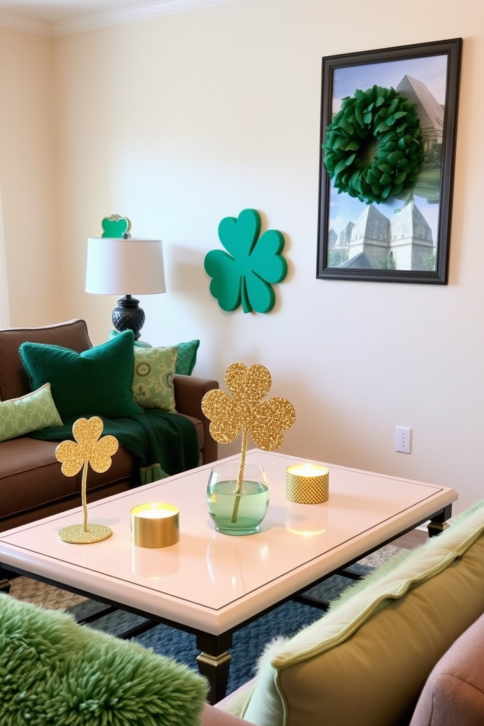 Create an inviting St. Patrick's Day themed living room. Gold glittered shamrock accents adorn the tables, adding a festive touch to the space. The walls are painted in a soft cream color, enhancing the warm atmosphere. Plush green cushions and throws complement the decor, creating a cozy environment for celebrations.