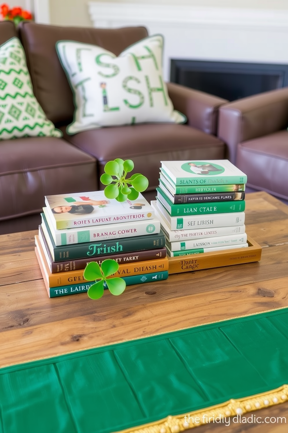 A cozy living room adorned with Irish blessing wall decor. The walls are painted in a soft cream color, and the decor features a beautifully framed calligraphy piece with traditional Irish blessings. Festive St. Patrick's Day decorations are tastefully arranged throughout the space. Green and gold accents, including cushions and table runners, create a warm and inviting atmosphere.