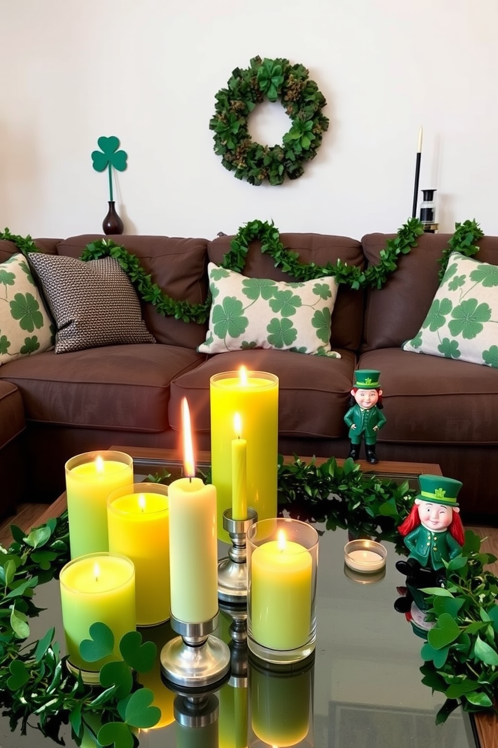 A cozy living room setting adorned with seasonal scents fills the air as green candles burn softly on the coffee table. Surrounding the candles, festive St. Patrick's Day decorations feature shamrock garlands and playful leprechaun figurines, creating a cheerful atmosphere.