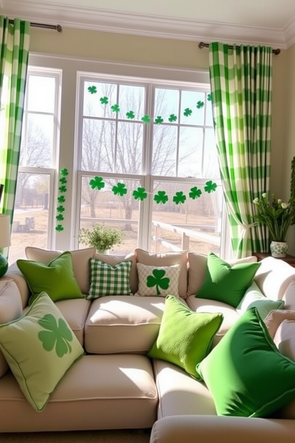 A vibrant dining area adorned with lush green floral arrangements that celebrate St. Patrick's Day. The table is elegantly set with a crisp white tablecloth, accented by gold and green dinnerware, and surrounded by chairs draped in soft green fabric.