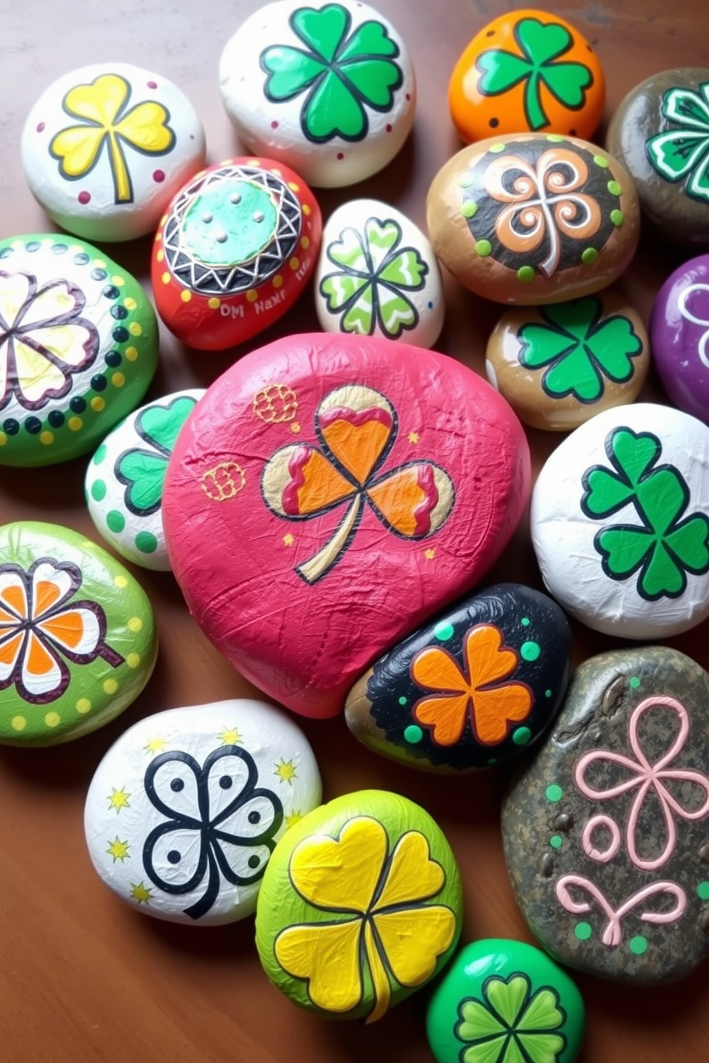 A collection of beautifully painted rocks featuring intricate lucky symbols associated with St. Patrick's Day. Each rock is adorned with vibrant colors and designs, creating a cheerful and festive display perfect for holiday decorating.