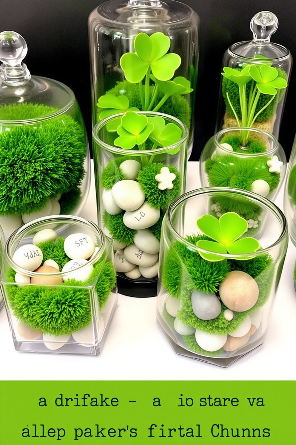 Create a collection of tabletop terrariums featuring lush green moss and smooth decorative stones. Each terrarium should be housed in a clear glass container with varying shapes and sizes, showcasing the natural beauty of the plants and stones. Design a festive St. Patrick's Day decor theme that incorporates vibrant green accents and playful shamrock motifs. Include elements such as garlands, table centerpieces, and wall art that celebrate the spirit of the holiday while maintaining a sophisticated aesthetic.