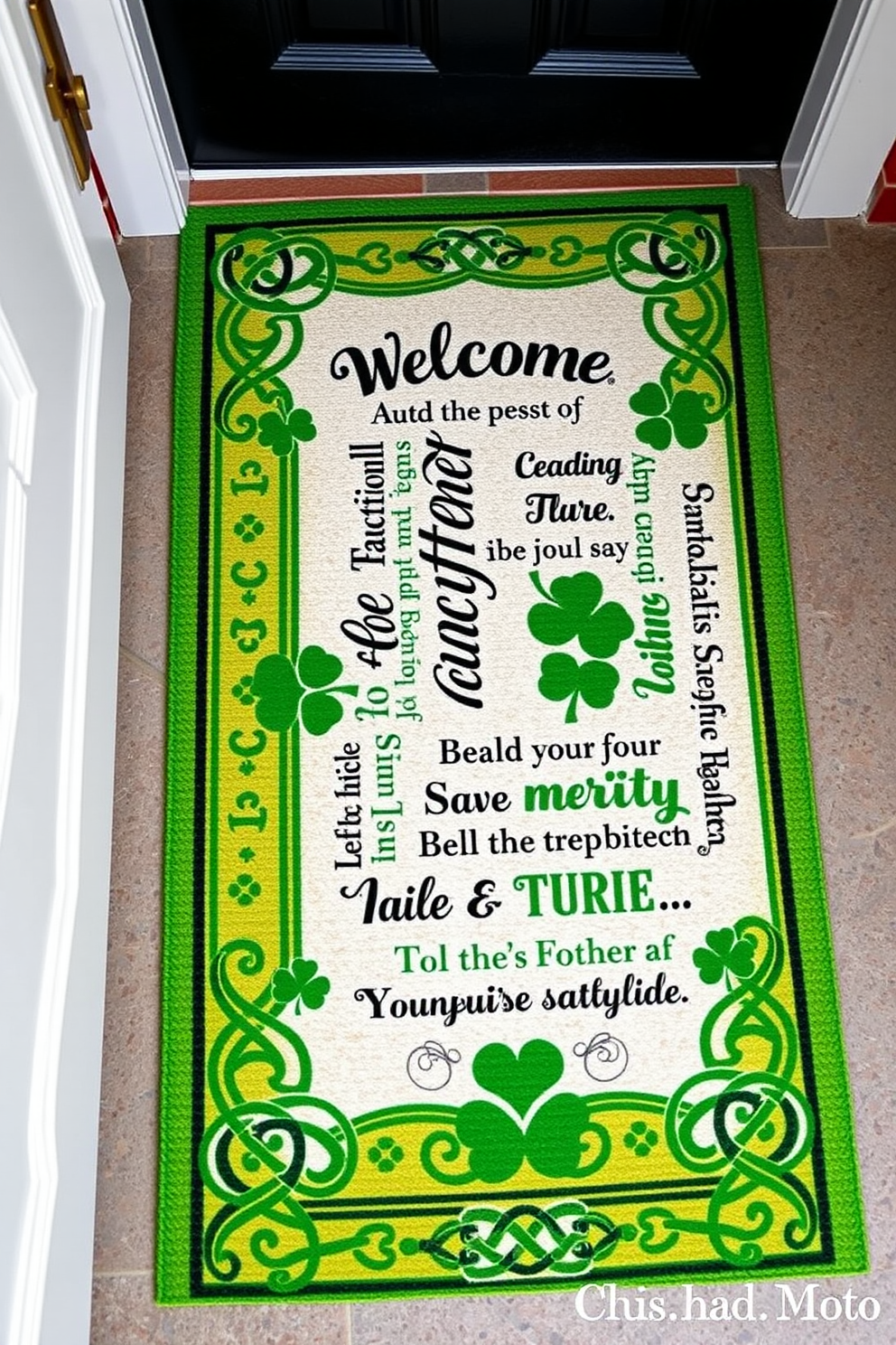 A festive door mat featuring traditional Irish sayings welcomes guests with charm and warmth. The mat is adorned with vibrant green hues and intricate Celtic patterns, perfectly setting the tone for St. Patrick's Day celebrations.