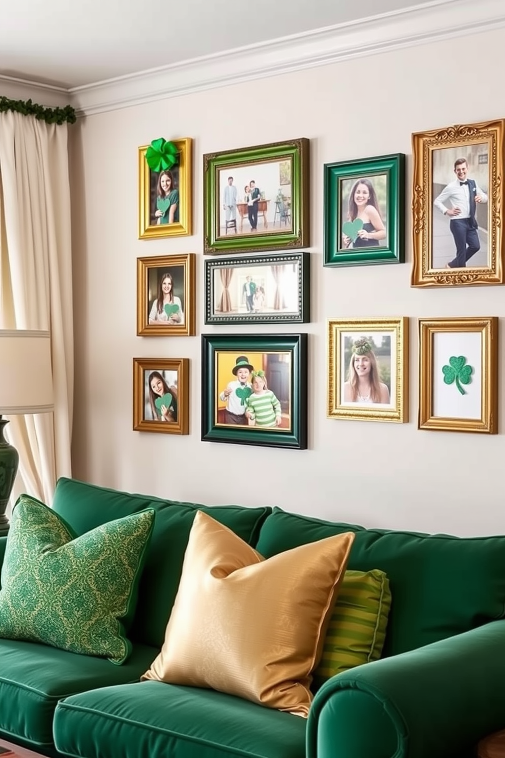 A charming living room adorned with green and gold picture frames showcasing festive St. Patrick's Day photos. The walls are draped in soft cream fabric, while a cozy emerald green sofa invites relaxation, complemented by gold-accented throw pillows.