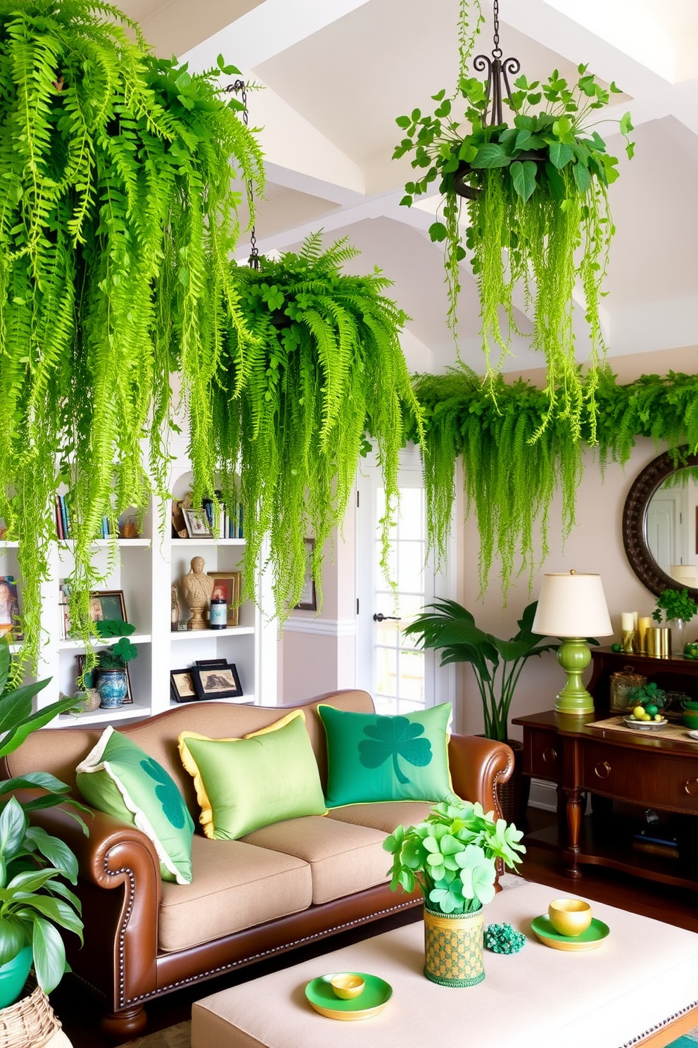 A vibrant living room adorned with hanging greenery from the ceiling beams creates an inviting atmosphere. Lush ferns and trailing vines cascade down, adding a touch of nature to the space. Incorporate festive St. Patrick's Day decorating ideas with accents of green and gold. Shamrock-themed cushions and table settings bring a cheerful spirit to the room while complementing the greenery.