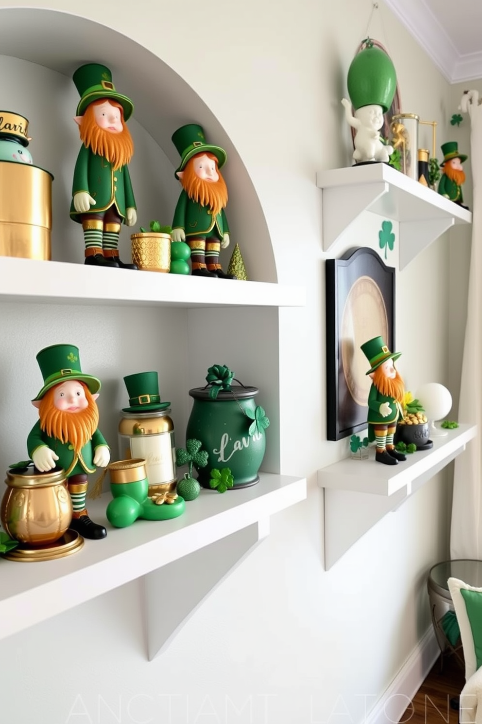 Create a whimsical St. Patrick's Day display featuring charming leprechaun figurines adorning various shelves throughout the room. Each shelf should be styled with a mix of green and gold decorations, incorporating festive elements like shamrocks and pots of gold to enhance the holiday spirit.