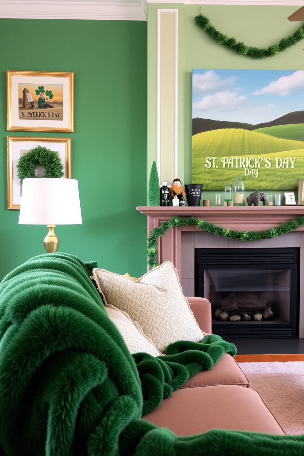 A festive St. Patrick's Day setting adorned with gold glittered shamrock wall decals. The decals are strategically placed on a soft white wall, adding a touch of sparkle and celebration to the room.