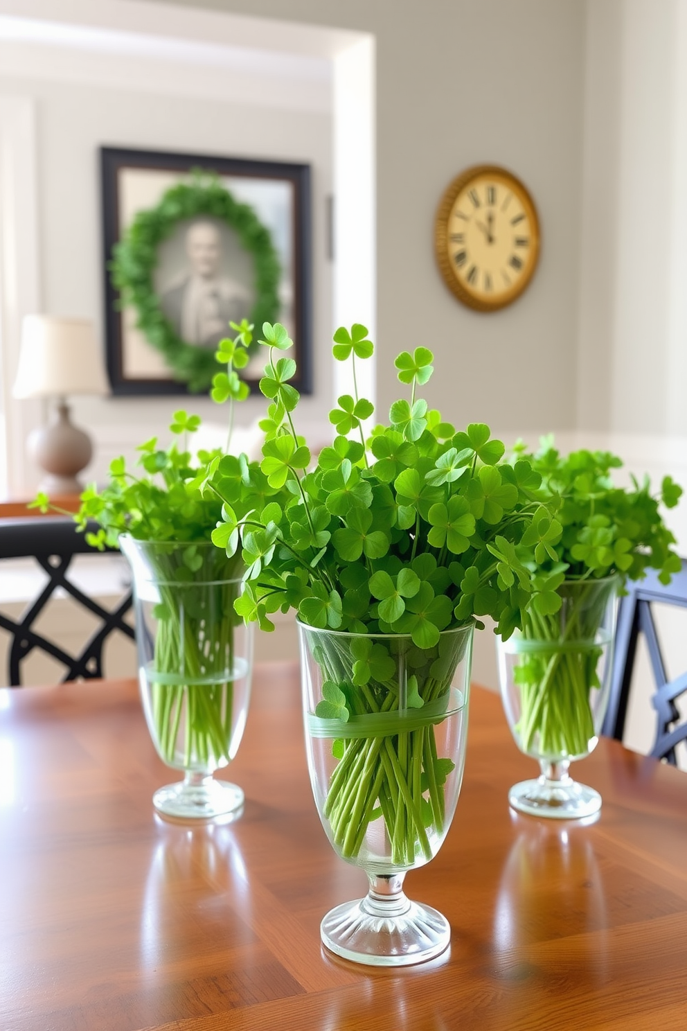 Create a charming interior space filled with fresh clovers arranged in elegant glass vases. The vases are placed strategically throughout the home, adding a festive touch for St. Patrick's Day celebrations.