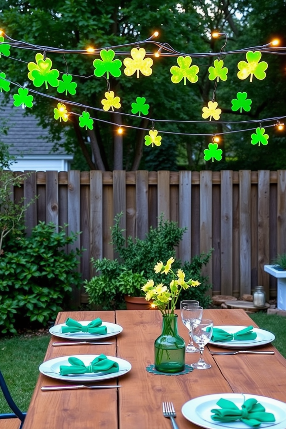 Create a whimsical outdoor setting adorned with string lights shaped like shamrocks. The lights twinkle gently above a rustic wooden table set for a festive St. Patrick's Day celebration.