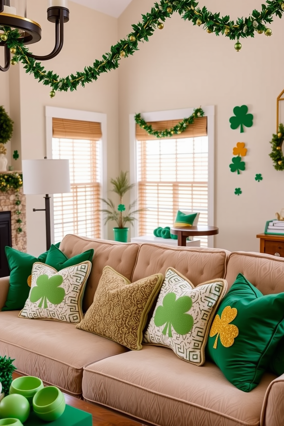 A cozy living room adorned with festive green throw pillows on plush couches. The space is enhanced with St. Patrick's Day decorations, featuring shamrock motifs and gold accents throughout the room.