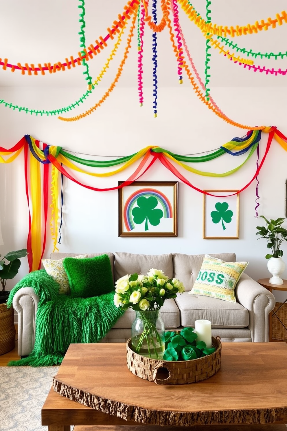 A cozy living room adorned for St. Patrick's Day features vibrant potted shamrocks on the windowsills, bringing a touch of greenery and luck into the space. The decor includes soft, warm lighting and a festive garland made of green and gold accents draped across the mantelpiece.