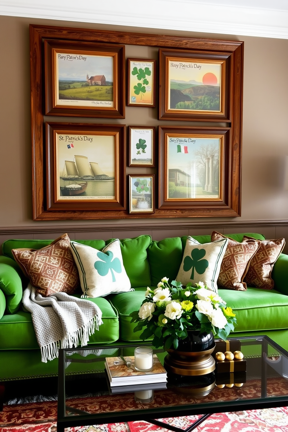 Create a cozy living room featuring vintage Irish postcards as wall decor. The postcards are framed in rustic wood and arranged in a gallery style above a plush green sofa adorned with patterned cushions. Incorporate elements of St. Patrick's Day with decorative accents like shamrock-patterned throws and gold accents. A small coffee table is set with a festive centerpiece that includes a mix of fresh flowers and traditional Irish symbols.