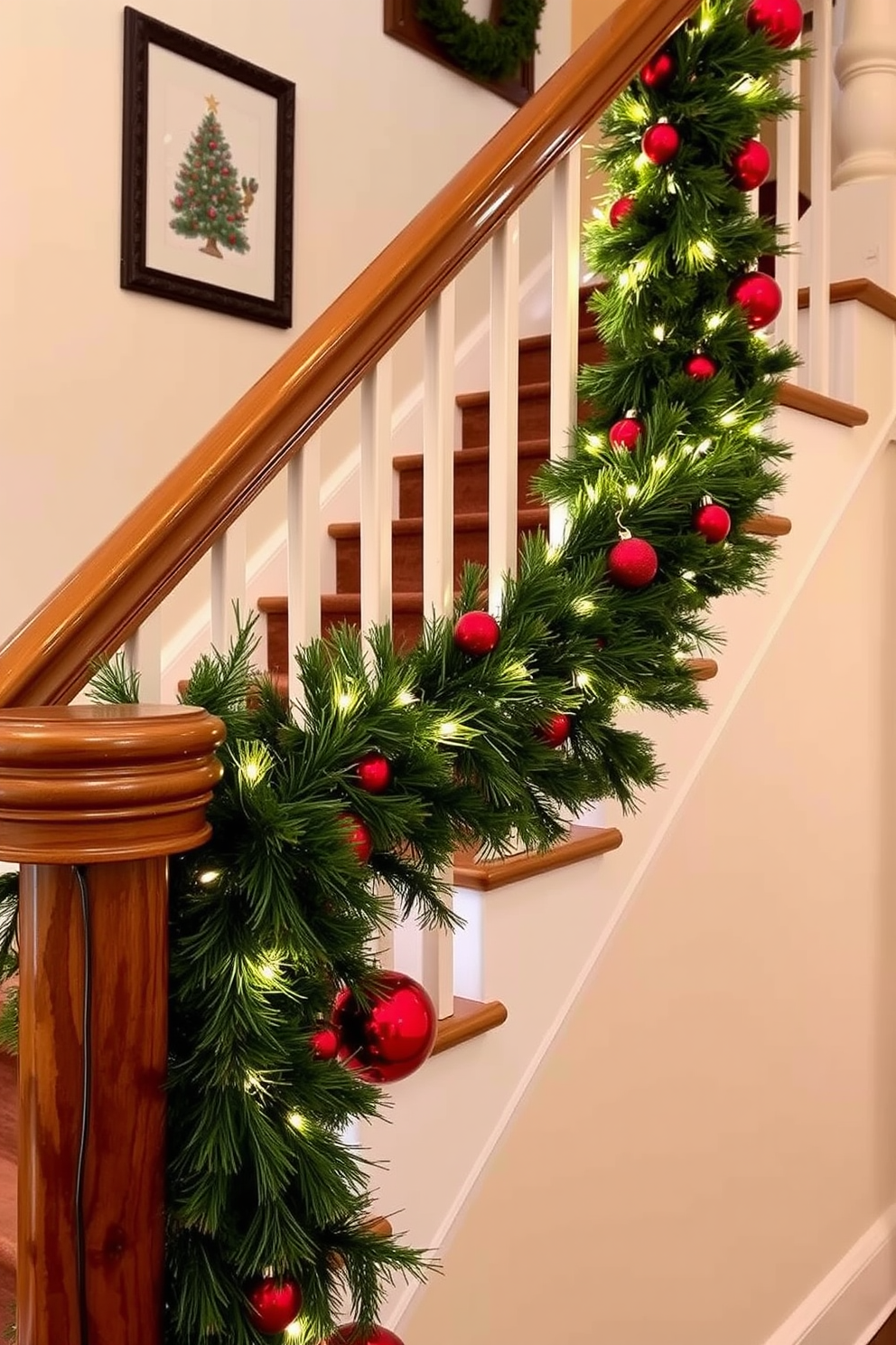 A festive garland drapes elegantly along the banister, adorned with twinkling fairy lights and vibrant red bows. The staircase is transformed into a winter wonderland with clusters of ornaments and pinecones nestled within the greenery.