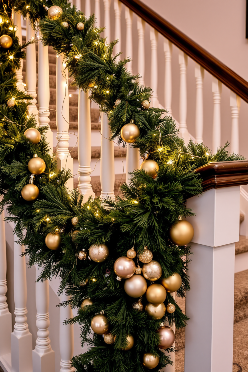 A festive staircase adorned with a lush garland intertwined with gold and silver baubles. The garland cascades elegantly along the banister, complemented by twinkling fairy lights and seasonal greenery.