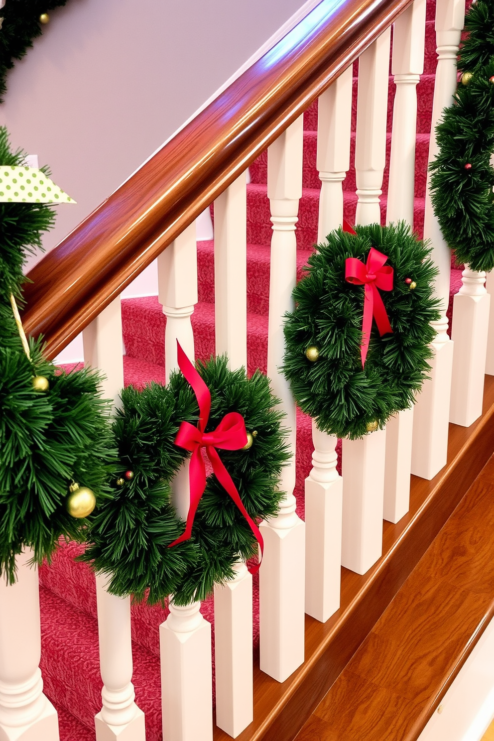 A festive staircase adorned with lush green wreaths attached to each post. The wreaths are embellished with red ribbons and small golden ornaments, creating a warm and inviting holiday atmosphere.