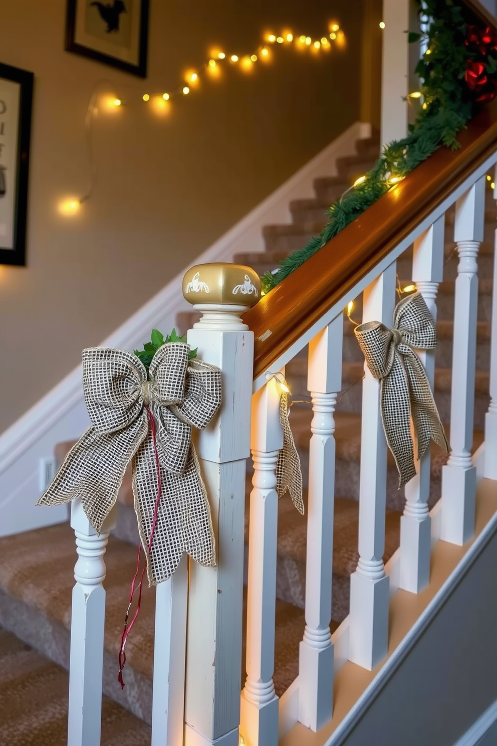 A charming staircase adorned with rustic burlap bows tied elegantly on the railing. The warm glow of string lights complements the natural texture of the burlap, creating a cozy holiday atmosphere.