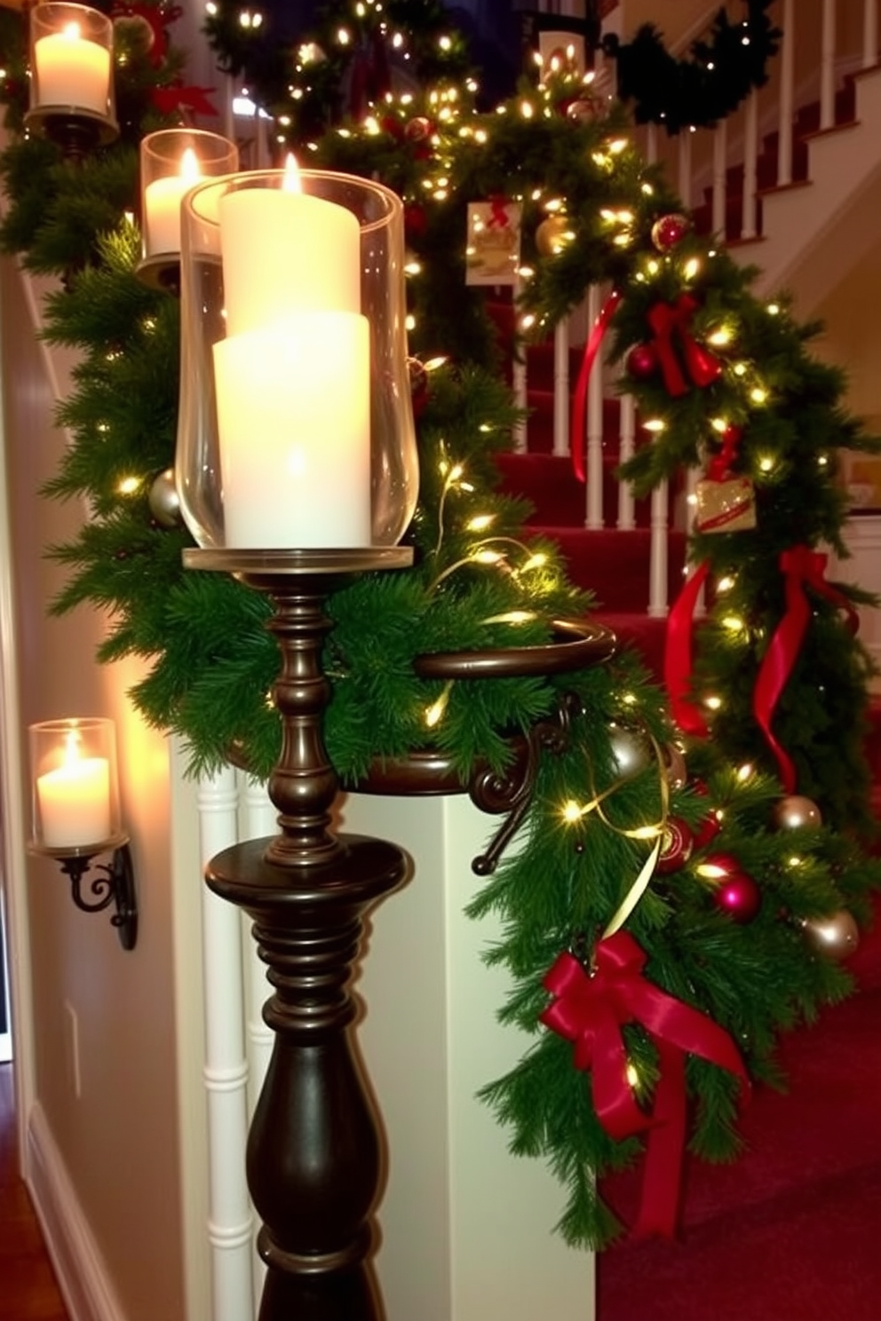 A charming staircase adorned with festive wreaths attached to each step post creates a warm holiday atmosphere. The wreaths are lush and green, embellished with red bows and twinkling lights, inviting guests to enjoy the seasonal decor.