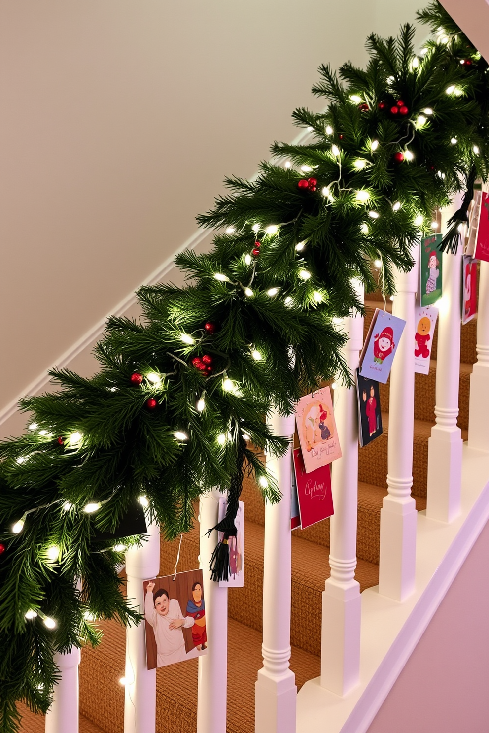 Holiday themed picture frames are elegantly arranged on a console table near the base of a grand staircase. Each frame showcases cherished memories from past celebrations, surrounded by festive greenery and twinkling lights. The staircase is adorned with lush garlands, accented with red and gold ornaments that cascade down the banister. Soft white lights illuminate the steps, creating a warm and inviting atmosphere for holiday gatherings.