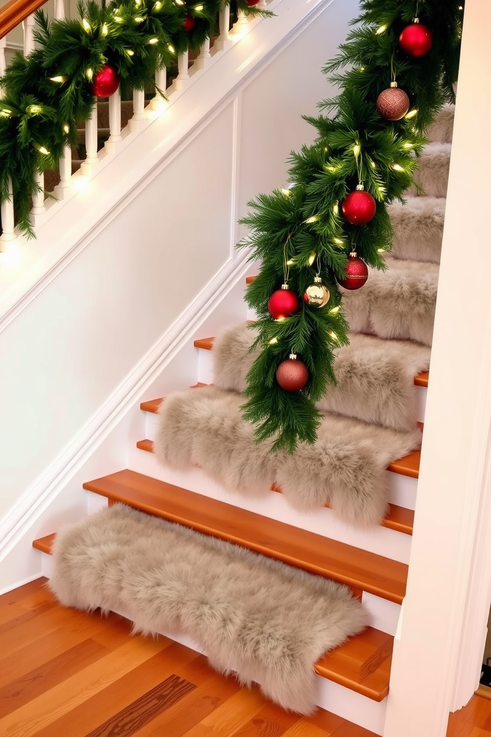 A warm and inviting staircase adorned with faux fur runners that add a cozy touch to the space. The runners softly contrast against the polished wood steps, creating an elegant yet comfortable atmosphere. The staircase is beautifully decorated for Christmas with lush greenery and twinkling fairy lights. Ornaments in rich reds and golds hang gracefully along the railing, enhancing the festive spirit.