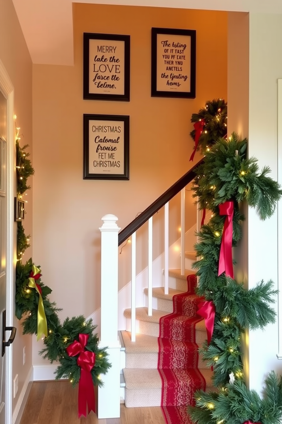 A cozy entryway featuring a beautifully decorated staircase adorned with garlands and twinkling fairy lights. Framed seasonal quotes hang on the wall, adding a festive touch and inviting warmth to the space. The staircase is draped with lush greenery and red ribbons, creating a cheerful holiday atmosphere. Soft, warm lighting illuminates the area, enhancing the charm of the decorations and the framed quotes.