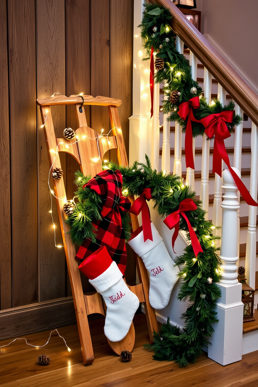 A decorative sled is propped against a rustic wooden wall, adorned with a plaid blanket and a few pinecones scattered around. Twinkling fairy lights wrap around the sled, creating a warm and inviting holiday atmosphere. The staircase is elegantly decorated with lush greenery and red ribbons cascading down the banister. Stockings hang from the railing, each personalized and filled with festive treats, enhancing the charm of the Christmas decor.