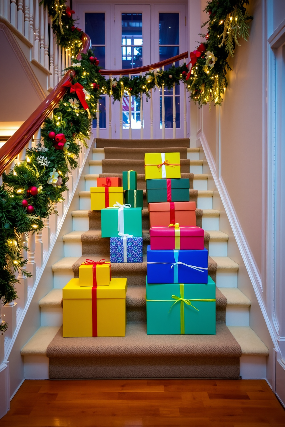 Colorful gift boxes of various sizes are stacked neatly on the steps of a beautifully decorated staircase. The staircase railing is adorned with lush greenery and twinkling fairy lights, creating a festive and inviting atmosphere.