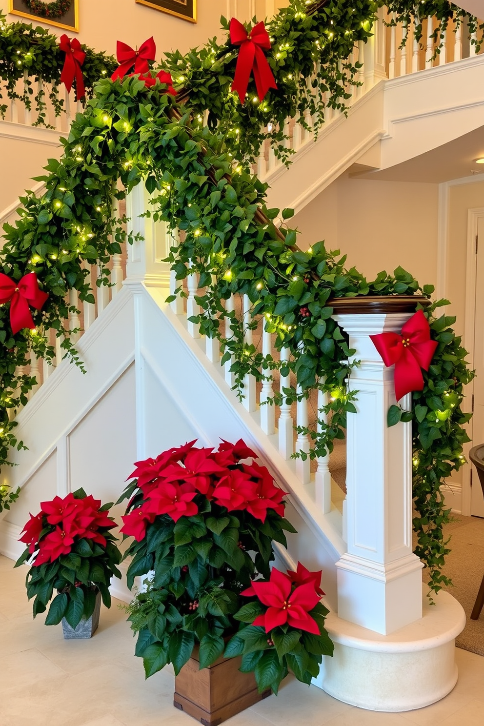 A grand staircase adorned with lush holly and ivy accents creates a festive atmosphere. The banister is wrapped in garlands of greenery, interspersed with twinkling fairy lights for a warm glow. Bright red bows are strategically placed along the railing, adding a pop of color to the natural elements. At the base of the staircase, a beautifully arranged display of poinsettias complements the holiday theme.