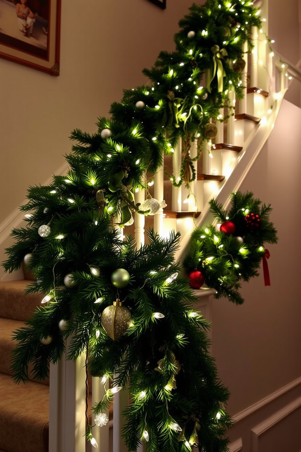 A grand staircase adorned with elegant red and gold ribbon accents cascading down each step. The warm glow of soft white lights highlights the festive decorations, creating a welcoming holiday atmosphere.