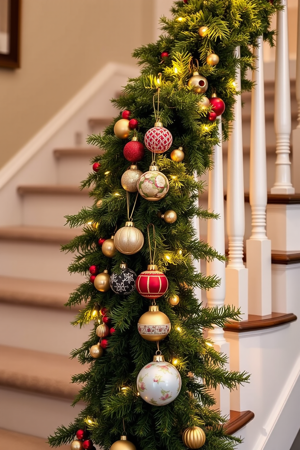 A cozy staircase adorned for Christmas features DIY paper snowflakes hanging gracefully from above. The snowflakes are crafted in various sizes and patterns, creating a whimsical winter wonderland effect.