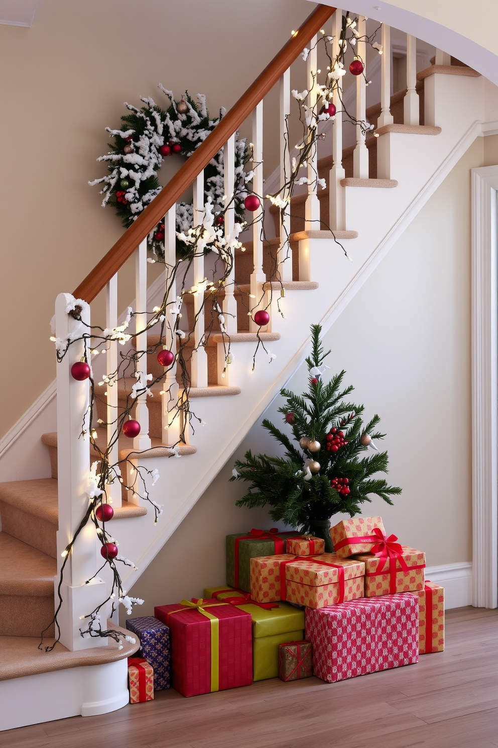 A cozy staircase adorned for Christmas. Snowy branches are draped elegantly along the banister, intertwined with twinkling fairy lights and festive ornaments. At the base of the staircase, a collection of wrapped gifts in vibrant colors is arranged. A large wreath made of snowy branches and red berries hangs prominently on the wall beside the stairs.