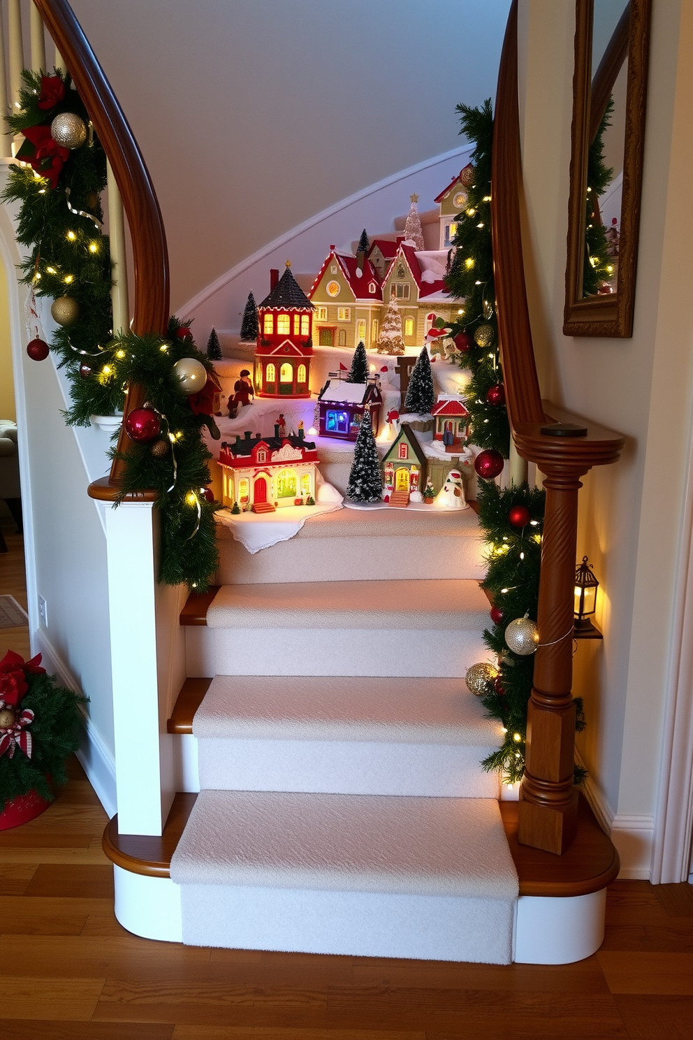 A charming Christmas village scene is beautifully arranged on the staircase landing. Delicate snow-dusted cottages and miniature trees are artfully placed along the steps, creating a festive atmosphere. The staircase is adorned with lush greenery and twinkling fairy lights. Red and gold ornaments are interspersed among the garlands, adding a touch of elegance to the holiday decor.