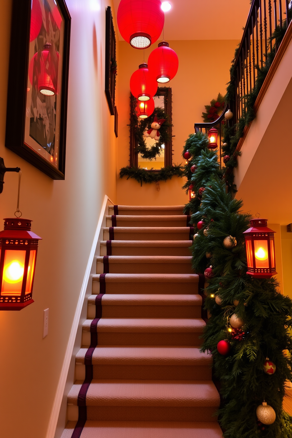 A beautifully decorated staircase adorned with holly and ivy accents along the railing. The rich green foliage contrasts elegantly with the warm wooden banister, creating a festive atmosphere.