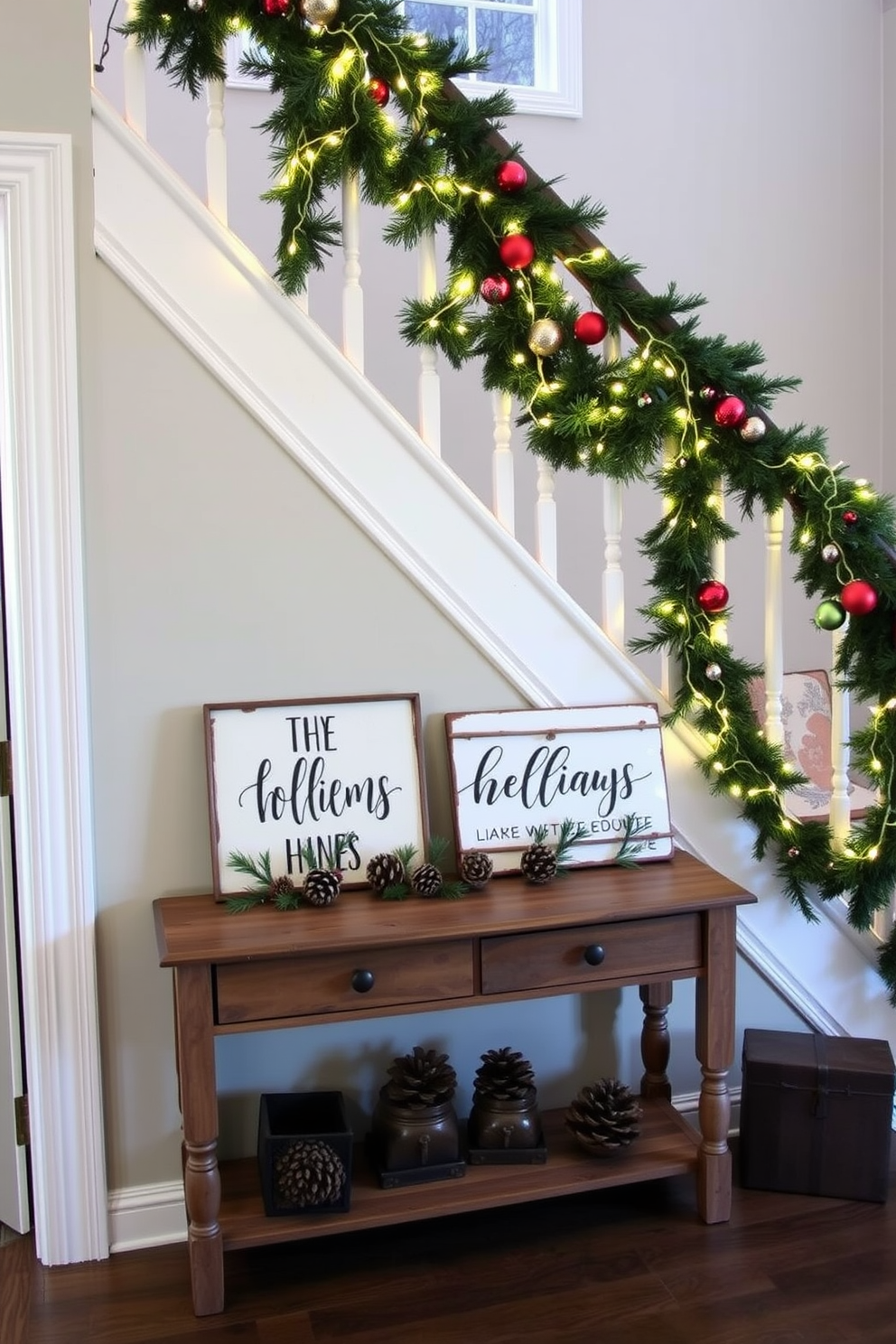 A cozy entryway features DIY painted wooden signs adorned with festive holiday phrases. The signs are arranged on a rustic wooden console table, surrounded by pinecones and small evergreen arrangements. The staircase is elegantly decorated for Christmas with lush garlands draped along the banister. Twinkling fairy lights intertwine with the greenery, and colorful ornaments are strategically placed to add a festive touch.