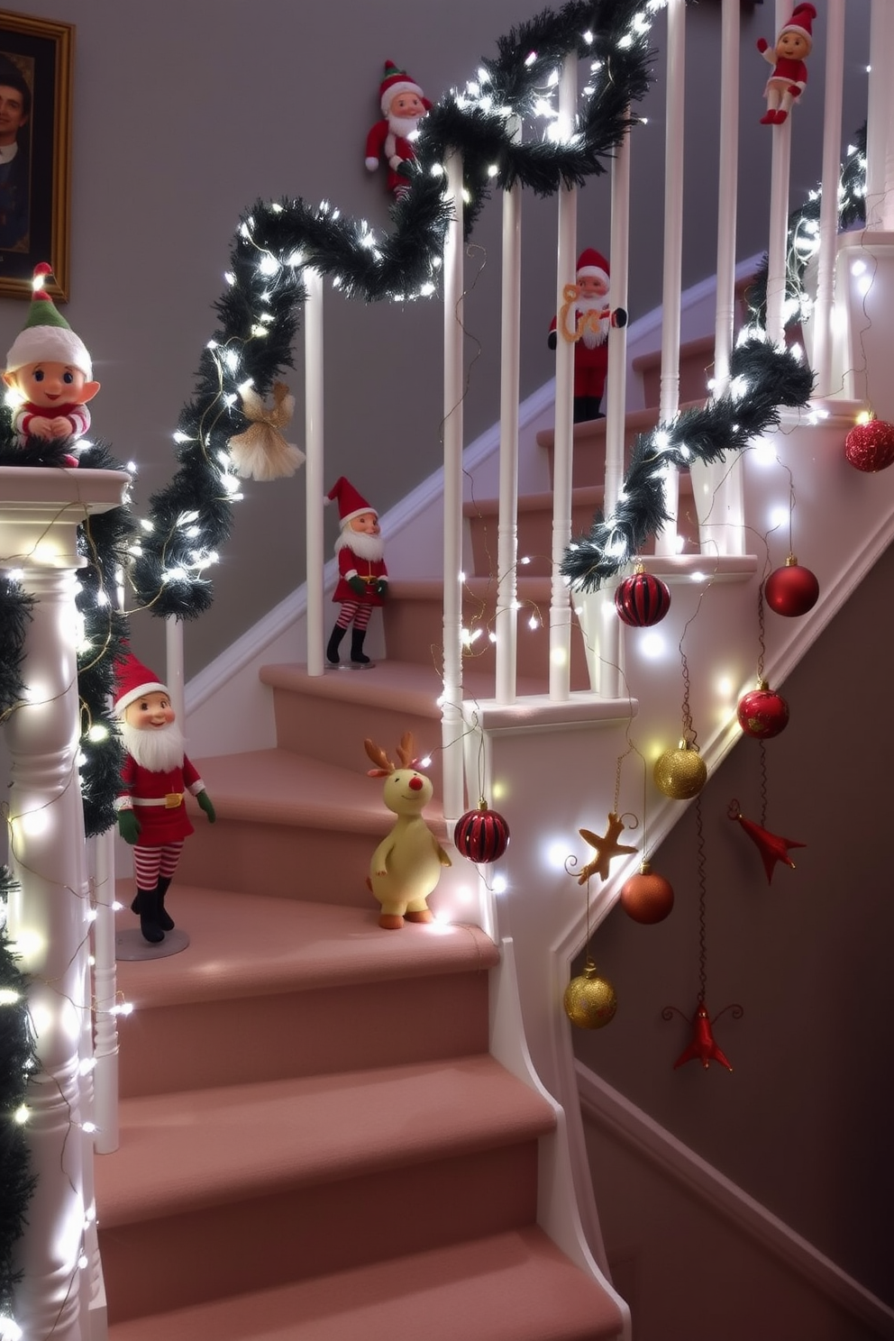 A whimsical staircase adorned with playful elf figurines and cheerful Santa decorations. Twinkling fairy lights wrap around the banister, while colorful ornaments hang from each step, creating a festive and enchanting holiday atmosphere.