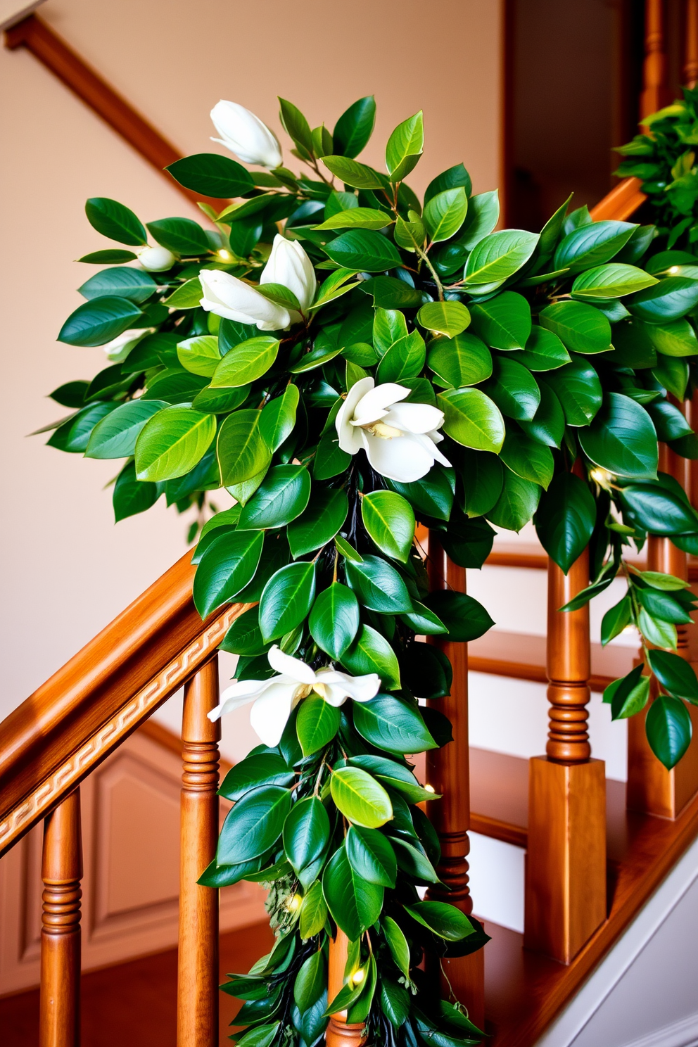 A beautifully decorated staircase adorned with lush magnolia leaves intertwined with elegant garland. The rich green foliage creates a stunning contrast against the warm wooden banister, while twinkling lights add a touch of festive charm.