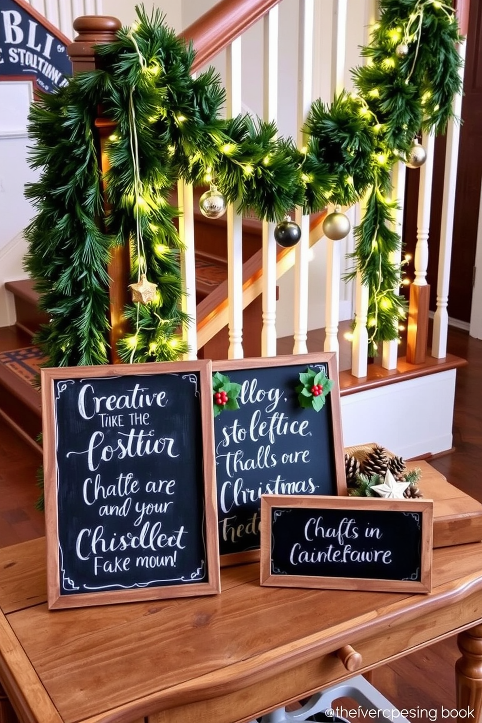 Chalkboard signs with festive messages are creatively arranged on a rustic wooden table. Each sign features hand-painted white lettering, surrounded by seasonal decorations like pinecones and holly. Staircase Christmas decorating ideas include draping lush green garlands along the banister. Twinkling fairy lights are intertwined with the garlands, and festive ornaments hang at intervals to create a warm holiday atmosphere.