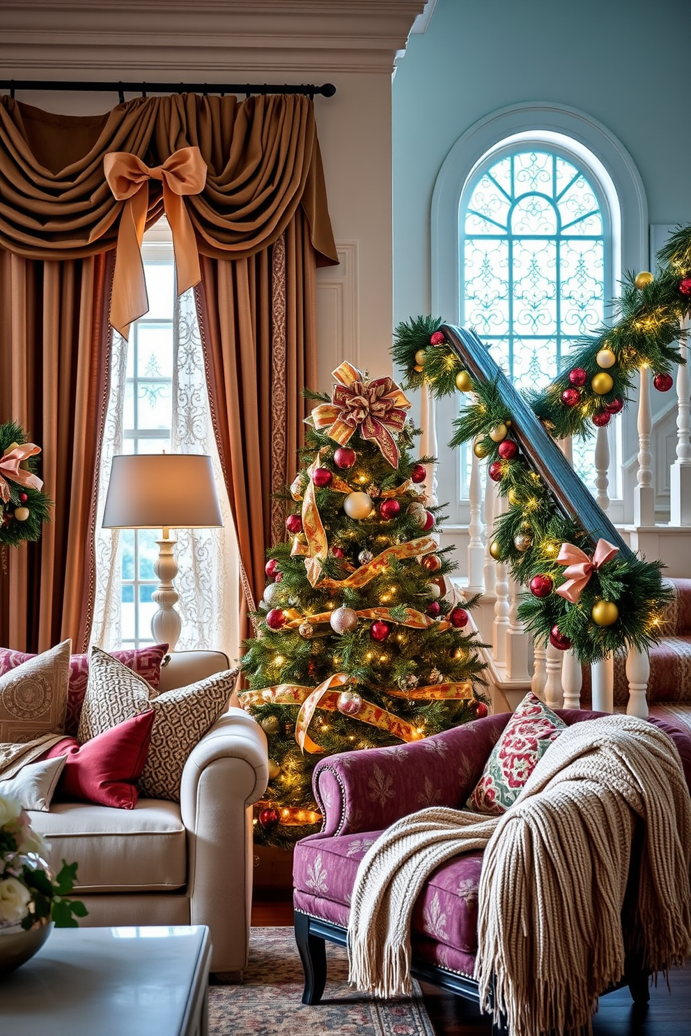 A cozy winter-themed living room adorned with icy blue decorations. The walls are draped with soft white fabric, and frosty blue ornaments hang from the ceiling. A beautifully decorated staircase featuring garlands of evergreen and icy blue ribbons. Twinkling fairy lights illuminate the steps, creating a magical holiday atmosphere.