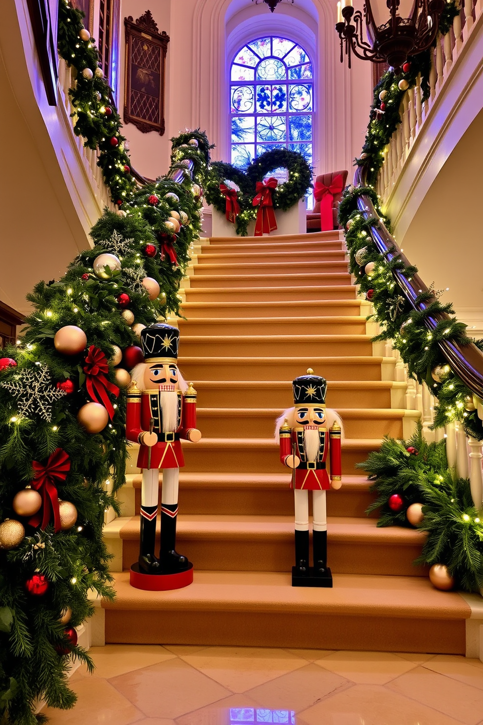 Nutcracker figures stand proudly on the steps of a grand staircase, their vibrant colors and intricate details adding a festive touch. The staircase is adorned with lush greenery, twinkling fairy lights, and elegant ornaments, creating a warm and inviting holiday atmosphere.