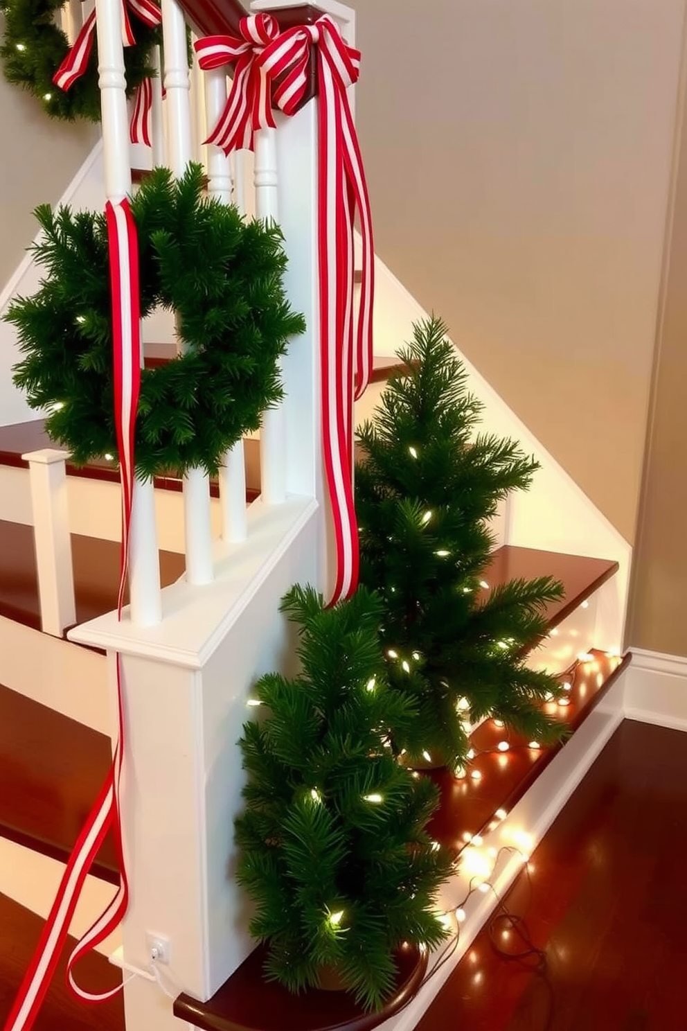 A festive staircase adorned with red and white striped ribbon accents cascading elegantly down the banister. The steps are lined with small evergreen arrangements and twinkling fairy lights, creating a warm and inviting holiday atmosphere.