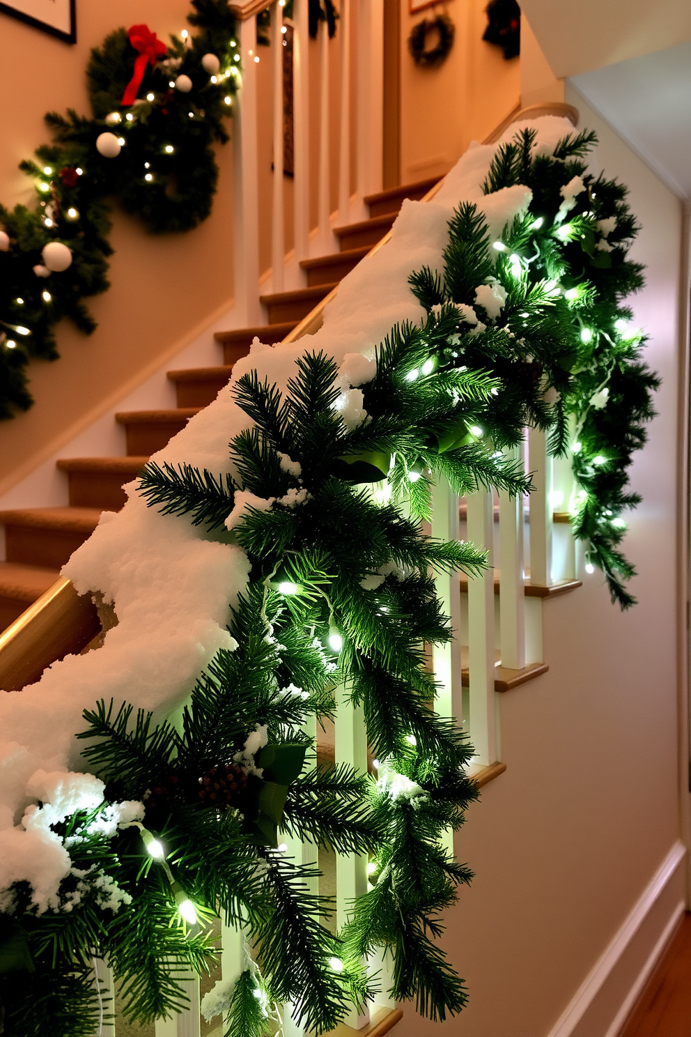 A cozy staircase adorned for Christmas features faux snow sprinkled along the railing, creating a winter wonderland effect. Twinkling fairy lights are intertwined with evergreen garlands, adding warmth and charm to the festive decor.