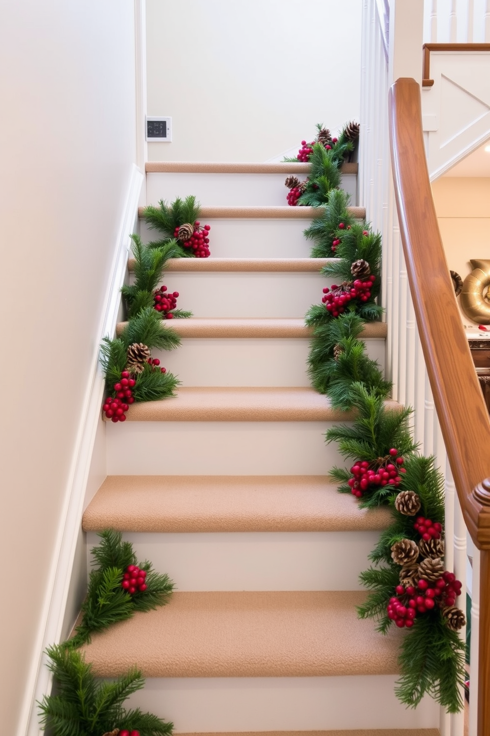 A charming staircase adorned with pinecone and berry clusters creates a festive atmosphere. The natural elements are artfully arranged along the steps, enhancing the holiday spirit with warmth and texture.