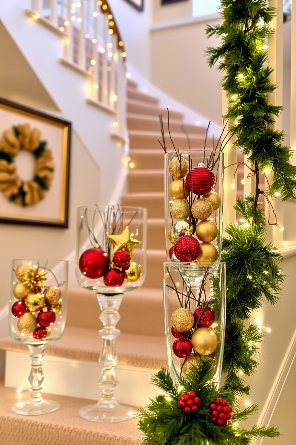 A beautifully decorated staircase landing adorned with elegant glass vases filled with an assortment of festive ornaments. The vases are strategically placed to create a warm and inviting atmosphere, complemented by twinkling fairy lights and seasonal greenery.